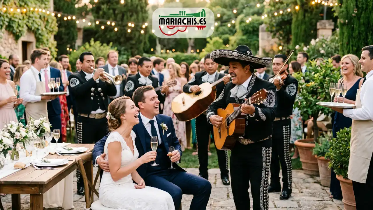 Grupo de mariachis amenizando el cóctel de una boda española con invitados celebrando