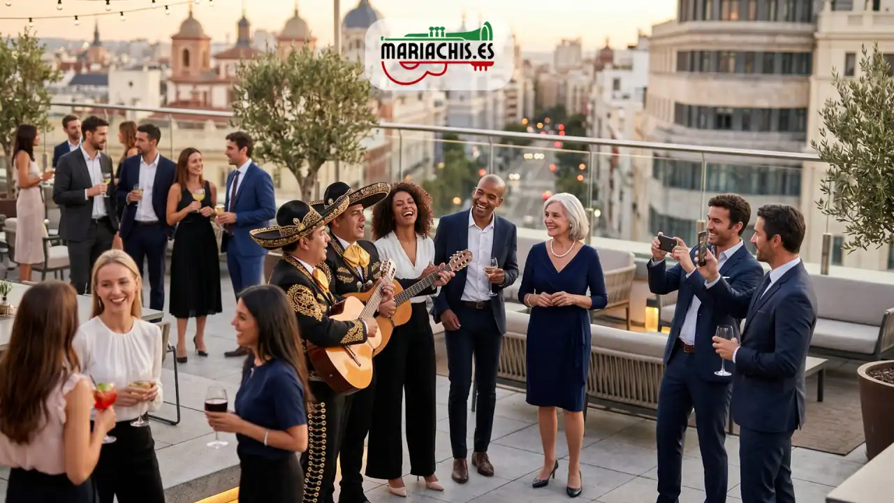Grupo de mariachis amenizando un cóctel de empresa con directivos en un hotel de lujo