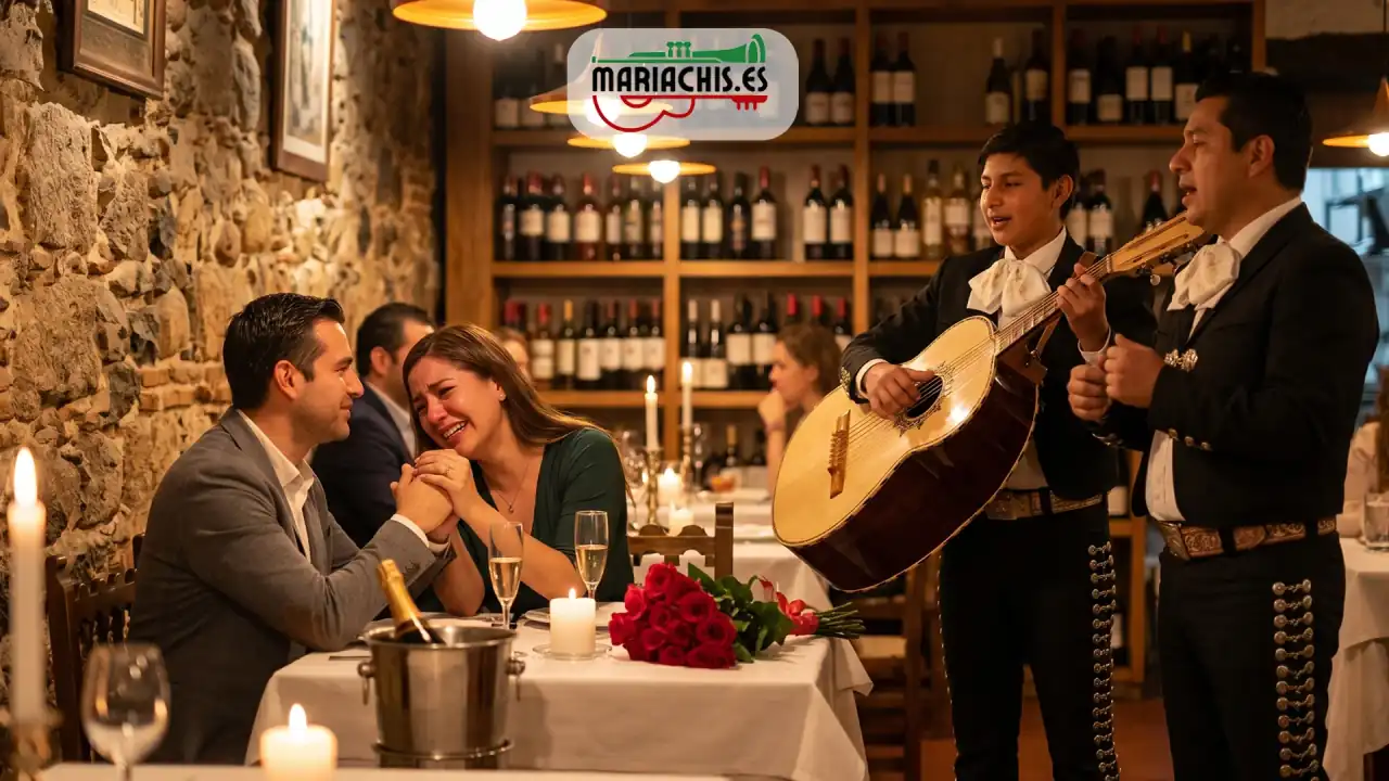 Mariachi dando una serenata a una pareja en un restaurante español en su aniversario