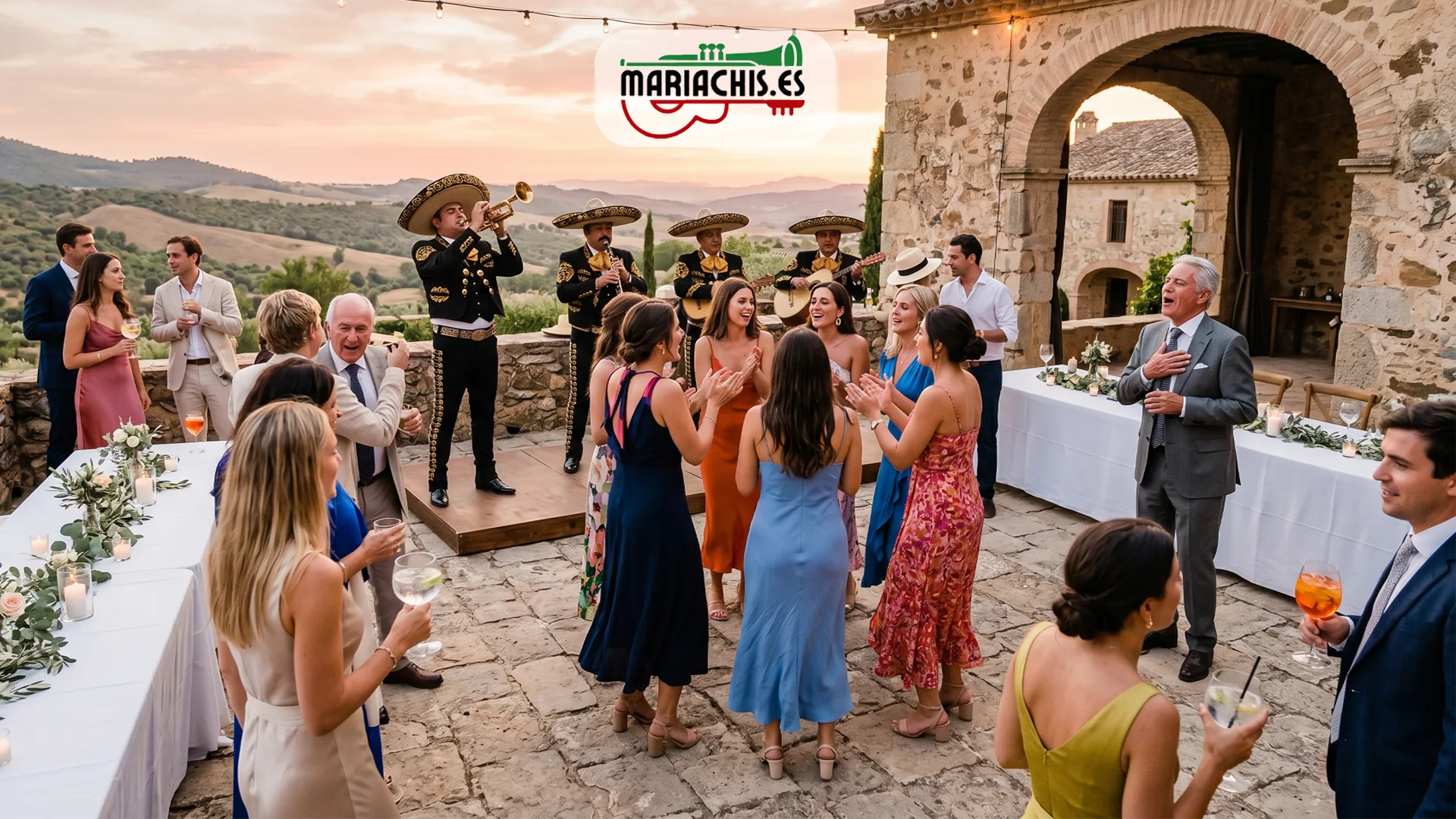 Mariachis animando el cóctel de boda con invitados bailando en España