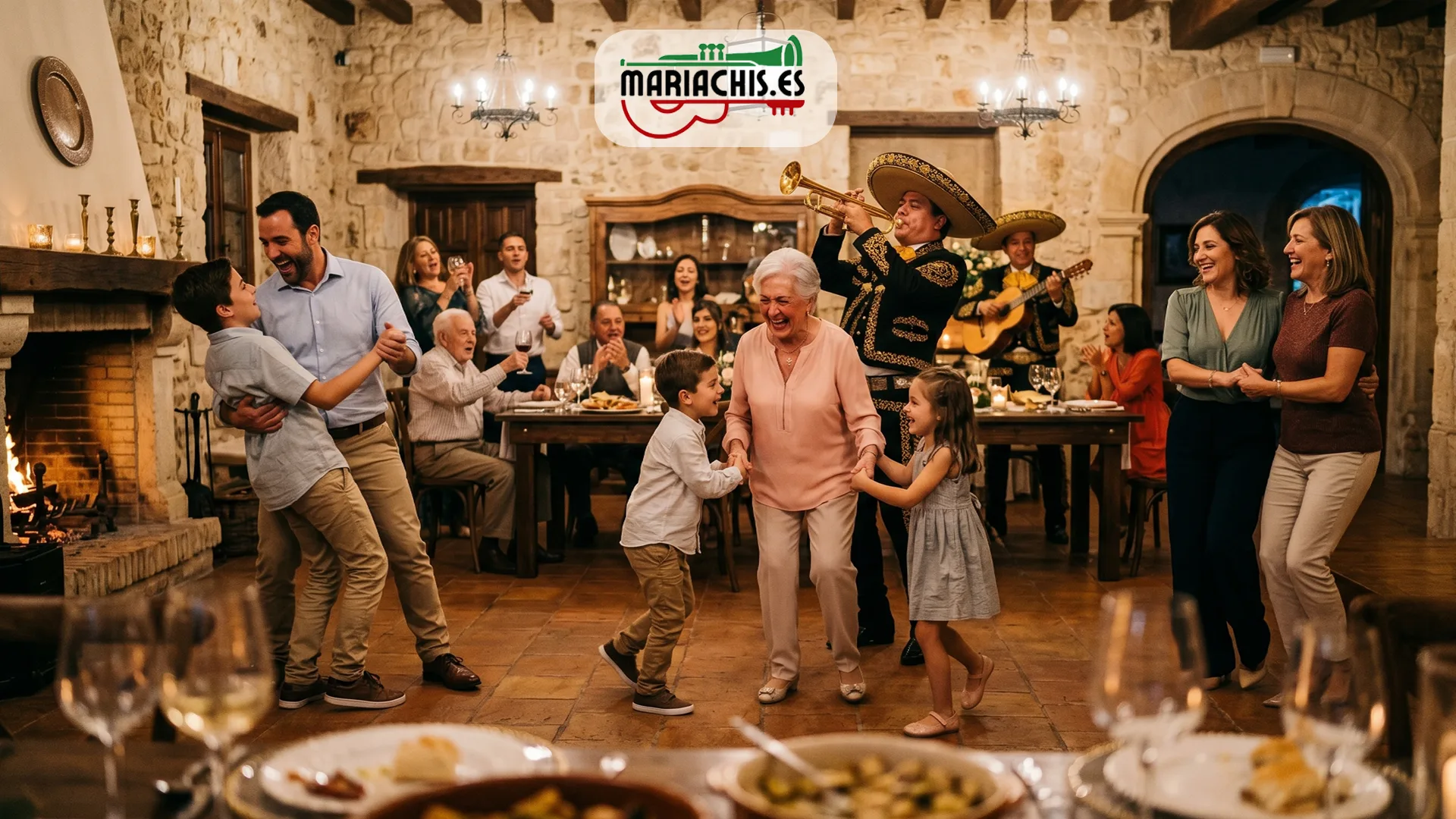 Invitados cantando y bailando con mariachis en la parte festiva de un cumpleaños en España