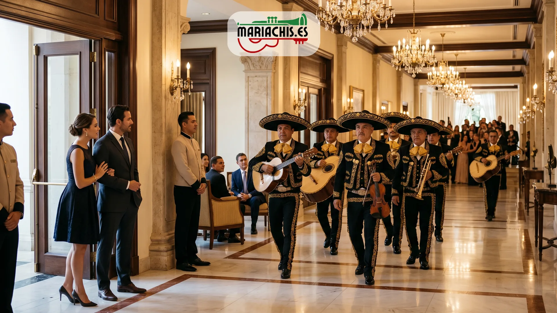 Mariachis con traje charro entrando a un evento en España transmitiendo elegancia y profesionalidad