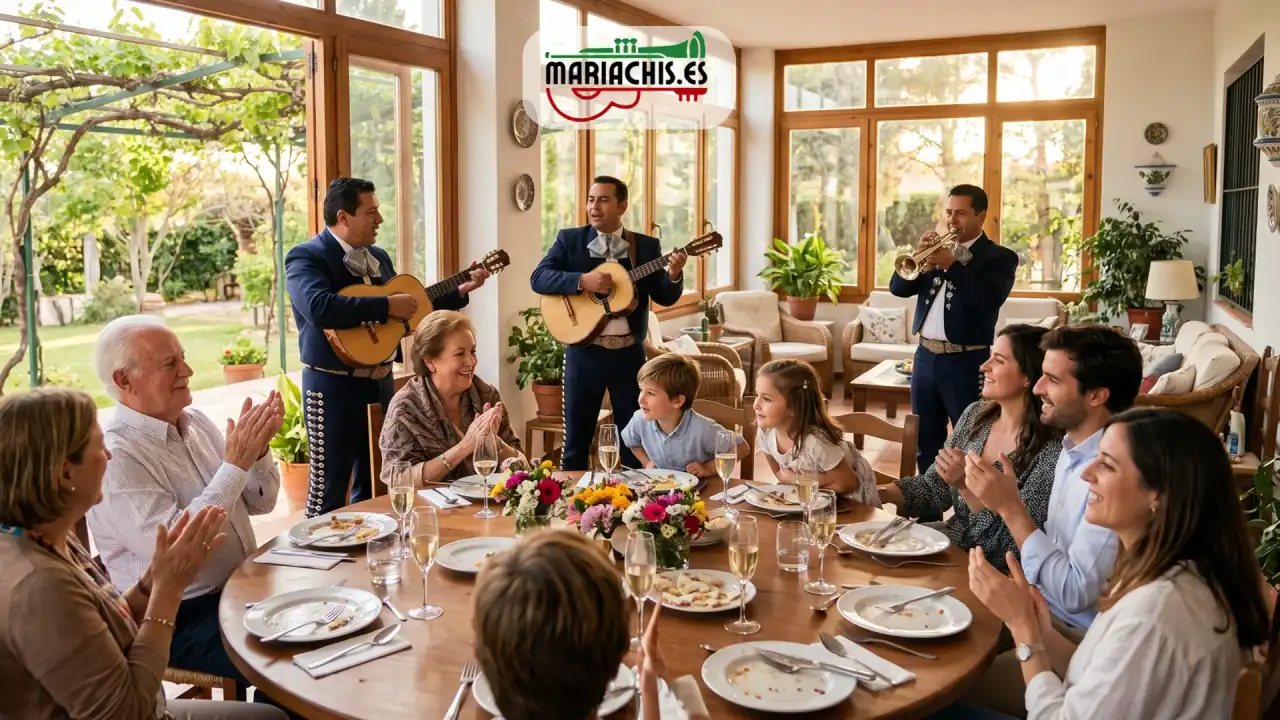 Mariachis tocando en comida familiar en salón con terraza